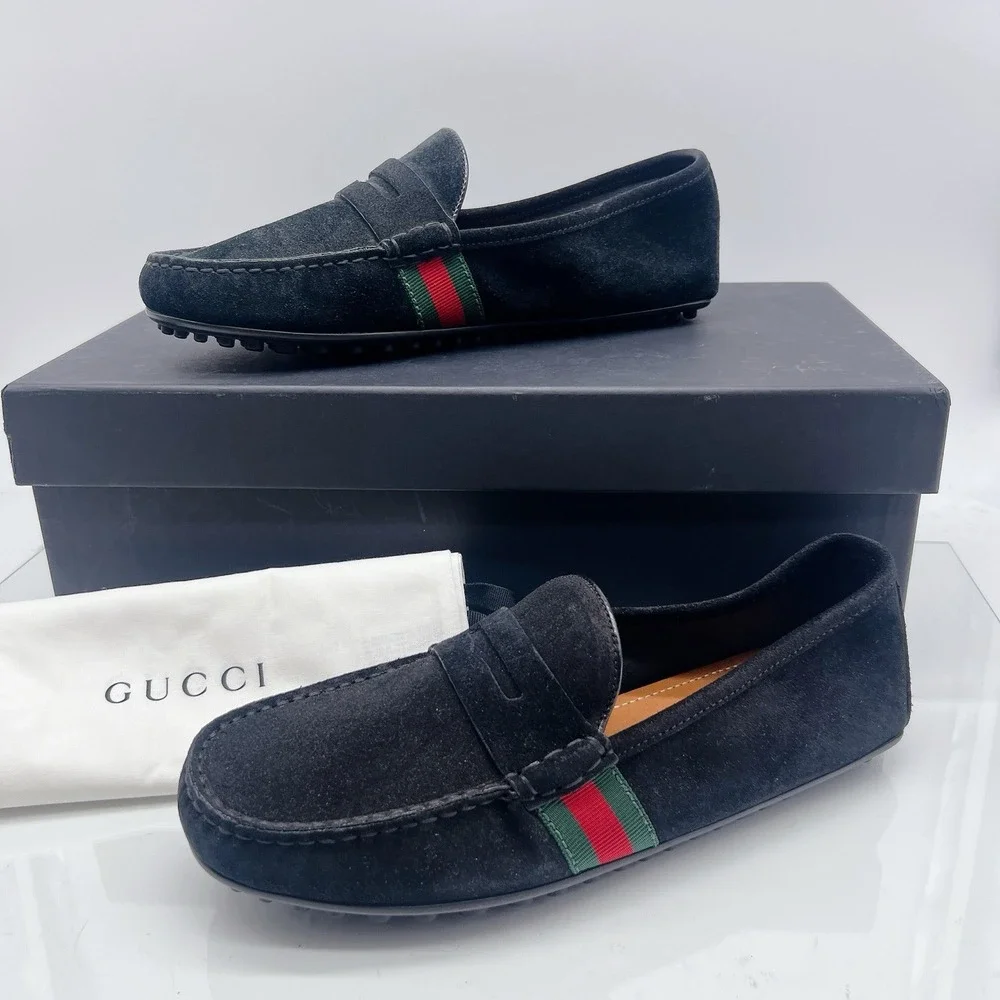 Gucci Web Accent Penny Slip On Loafers Driver Shoe Black Suede Wms UK 6 US 9 - Picture 2 of 15